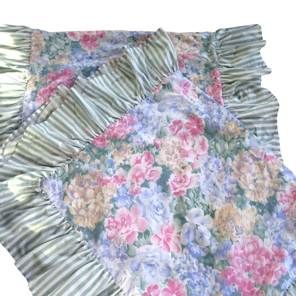 Vintage 2 Floral Striped Ruffled Pillow Shams 20" x 26" Cottage Country USA Made